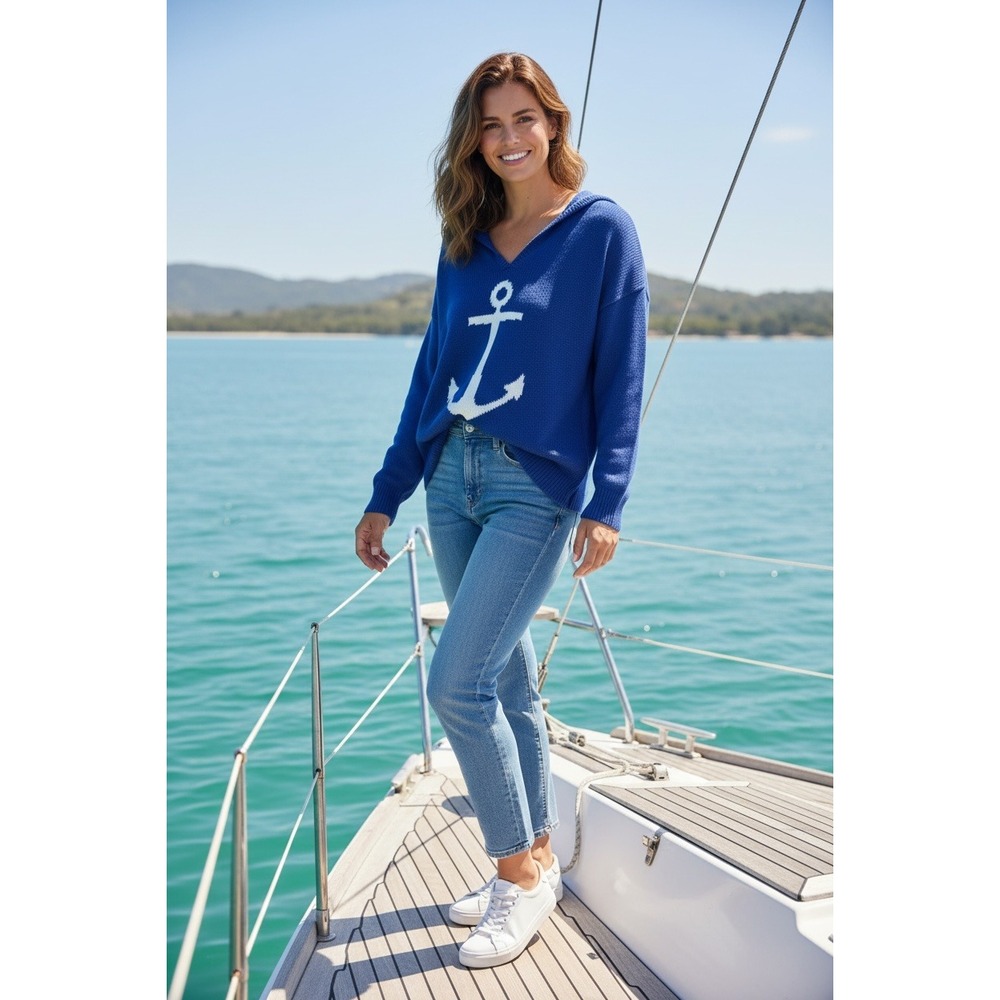 Marled Anchor Graphic Sweater Women S Blue V-Neck Hooded Nautical Knit